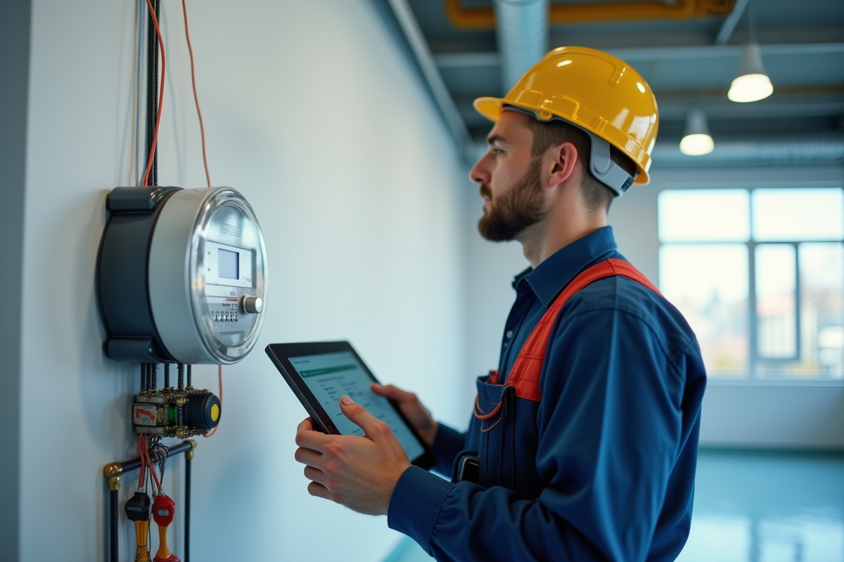 Électricien installant un compteur d énergie intelligent dans un espace lumineux