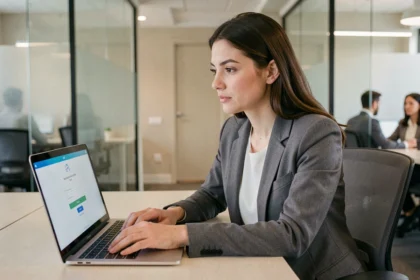 Intérimaire femme accédant à son compte Mon ADP sur un ordinateur portable au bureau