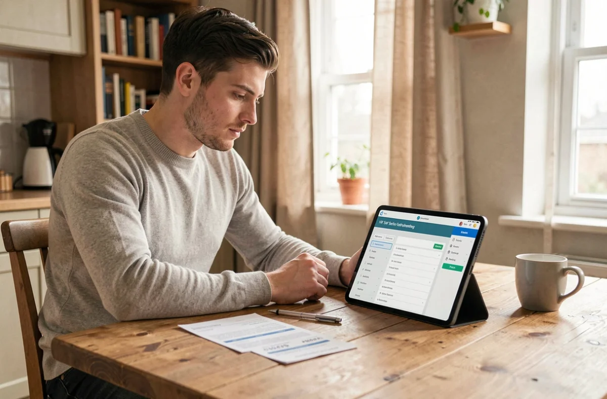 Jeune homme en CDD vérifiant ses fiches de paie sur tablette depuis son domicile