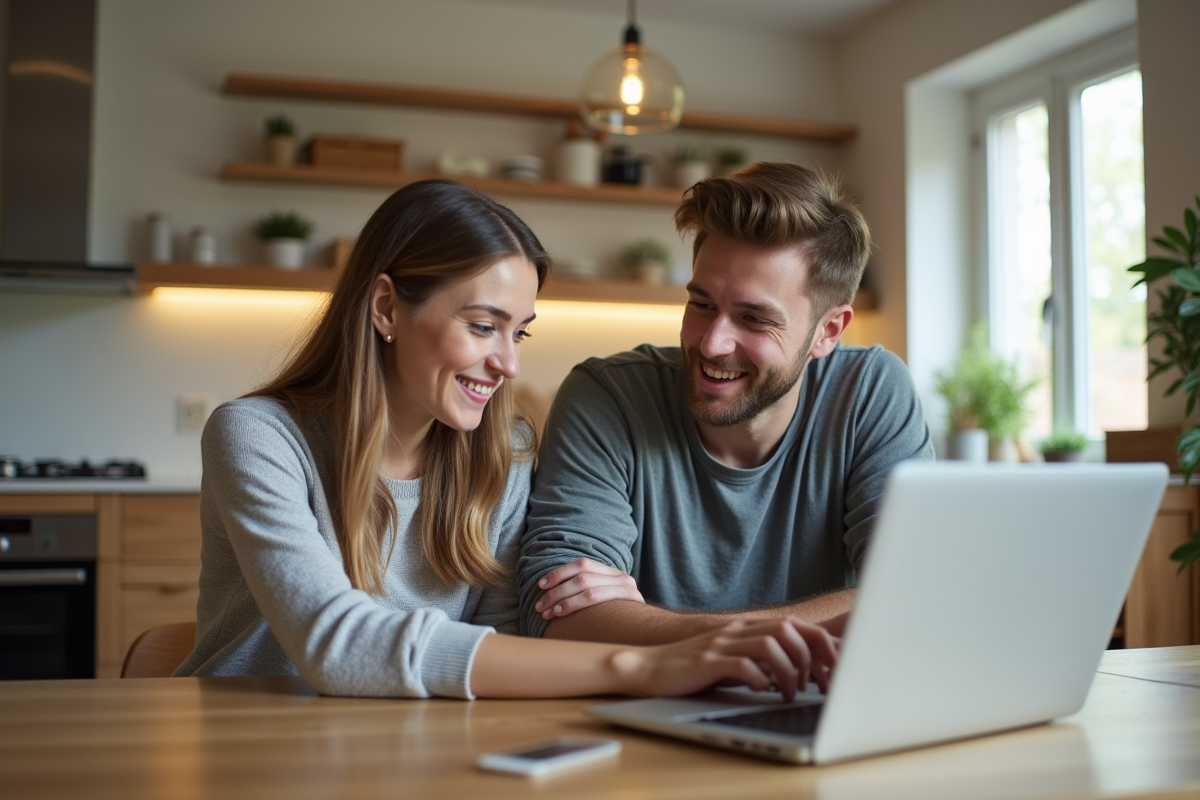 Jeune couple utilisant un ordinateur dans leur cuisine lumineuse