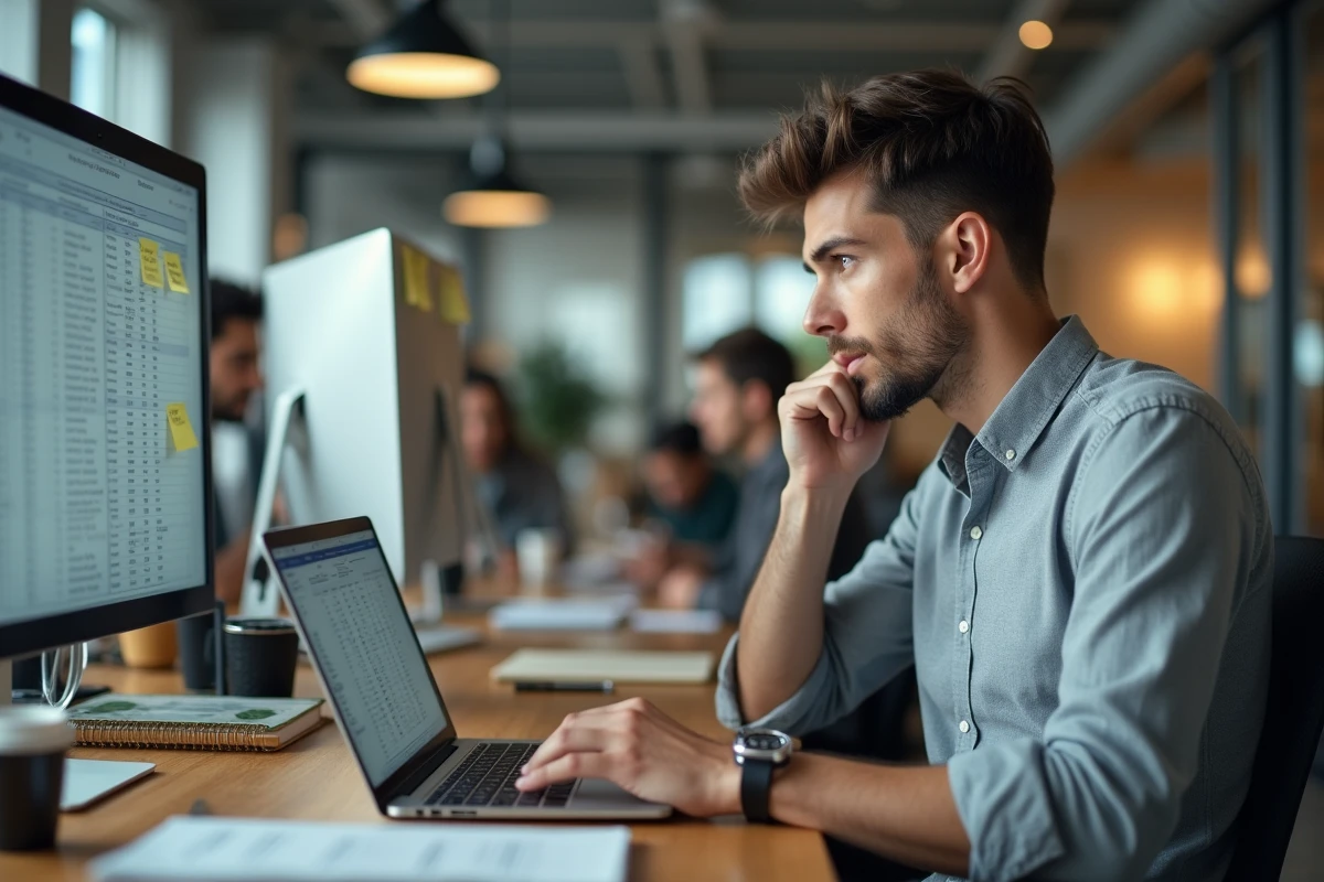 Jeune homme diplômé pensif devant son ordinateur portable dans un open space d'entreprise, symbolisant la réflexion sur les opportunités de carrière au Groupe SYD