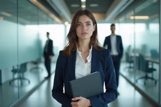 Jeune diplômée en blazer marine dans un couloir de bureau moderne, expression ambivalente entre ambition et doute, illustrant l'entrée dans la vie professionnelle au sein du Groupe SYD