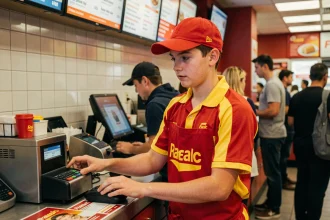 Jeune employé de 16 ans en uniforme de fast food derrière le comptoir d'un McDonald's en ville