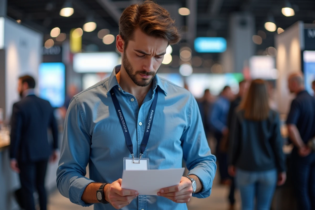 Jeune entrepreneur vérifiant badge lors d