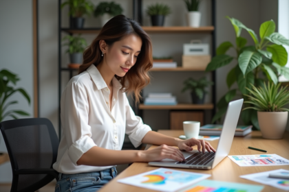 Jeune femme au bureau arrangeant des flyers colorés