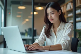 Jeune femme en bureau regardant un calendrier