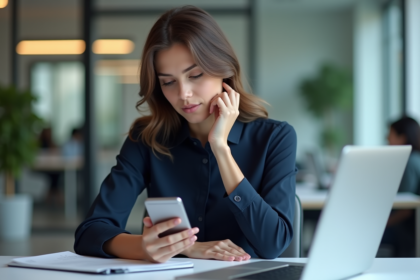 Jeune femme au bureau tenant un smartphone en réfléchissant