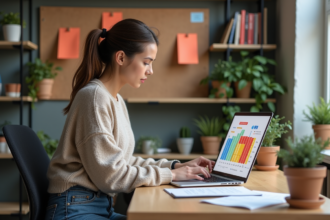 Jeune femme créant un flyer coloré dans un espace de coworking