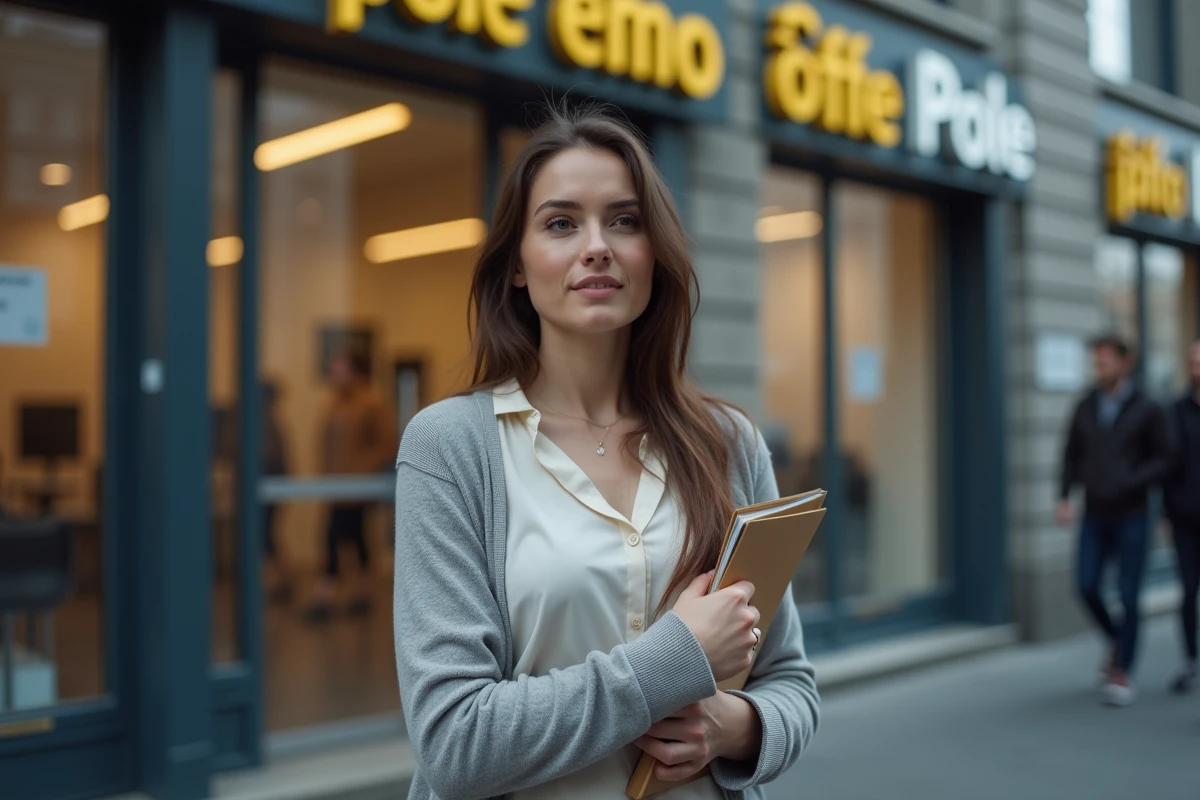 Jeune femme devant un bureau Pôle emploi avec dossier