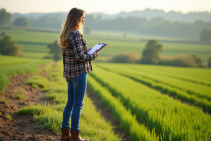 Jeune femme en extérieur observant un champ fertile