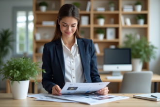 Jeune femme professionnelle examine des flyers dans un bureau lumineux