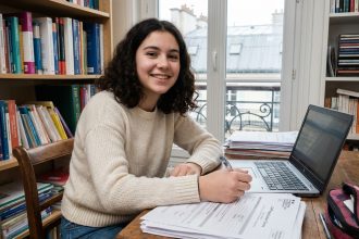 Jeune fille souriante en étude à Paris avec documents CAP