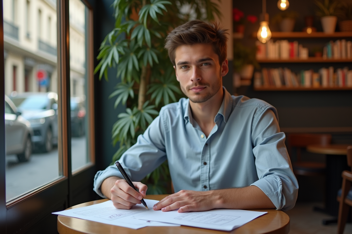 Jeune homme au café remplissant des formulaires EIRL