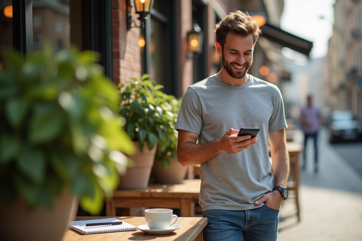 Jeune homme souriant vérifiant son smartphone au café