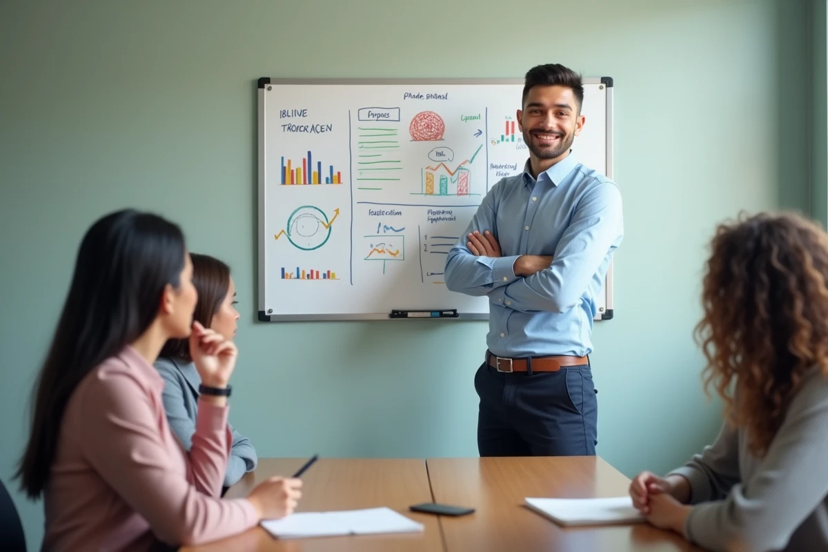 Jeune homme expliquant des diagrammes financiers en groupe