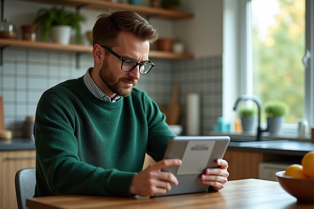 Jeune homme regarde une tablette dans sa cuisine à la maison