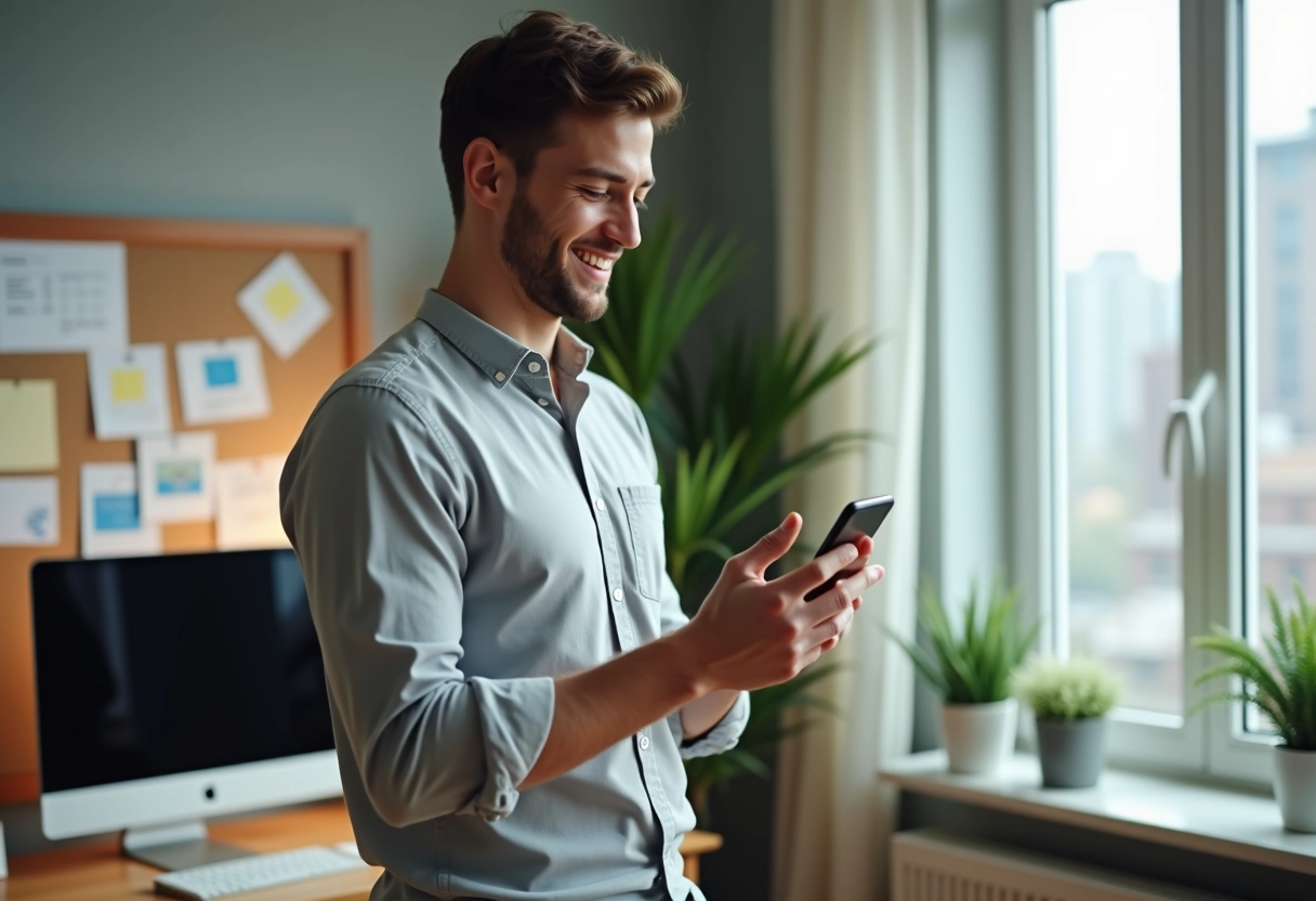 Jeune homme utilisant smartphone pour documents