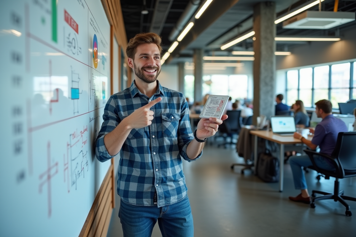 Jeune ingénieur présentant un prototype 3D dans un espace collaboratif