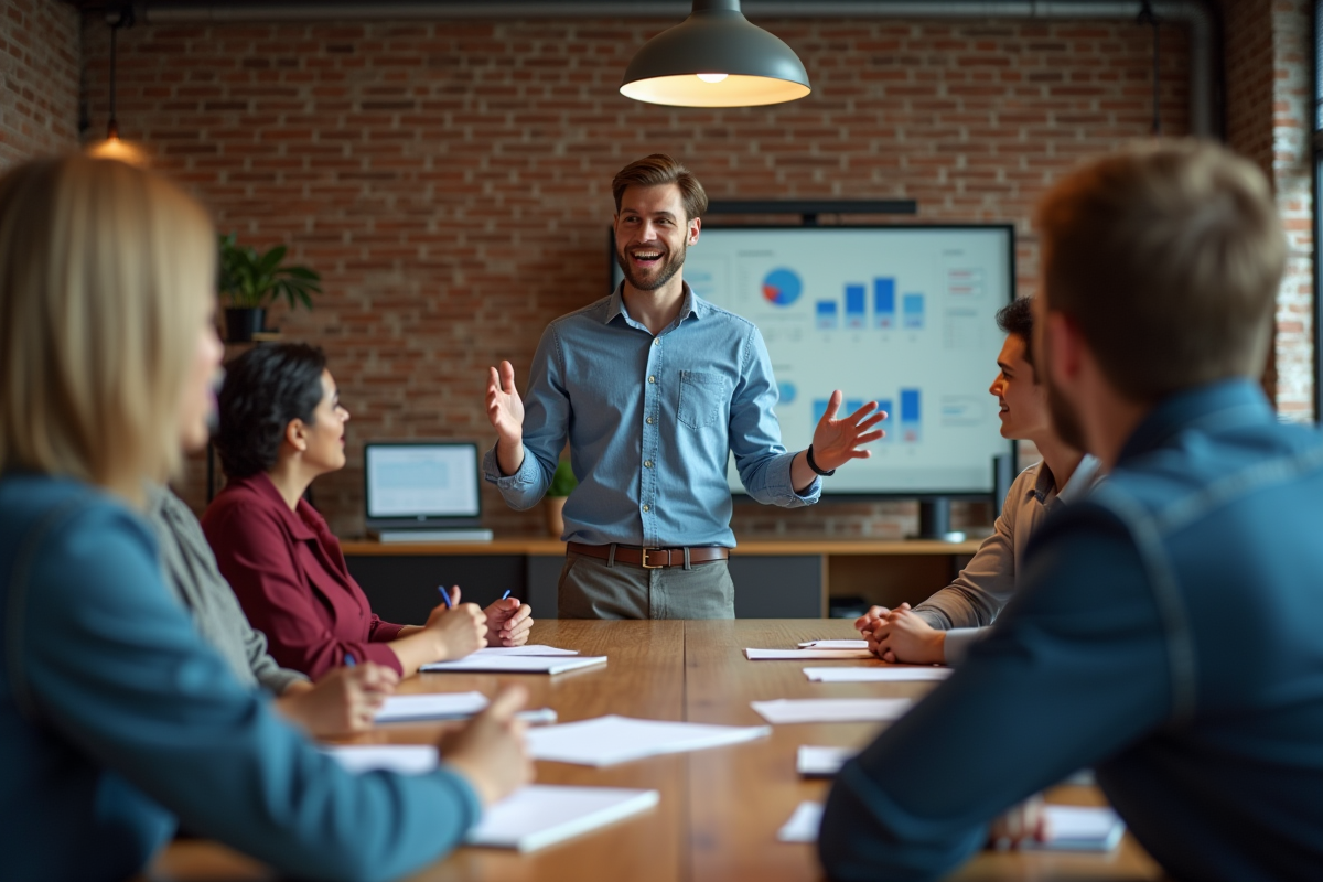 Jeune homme présentant des idées marketing à une équipe