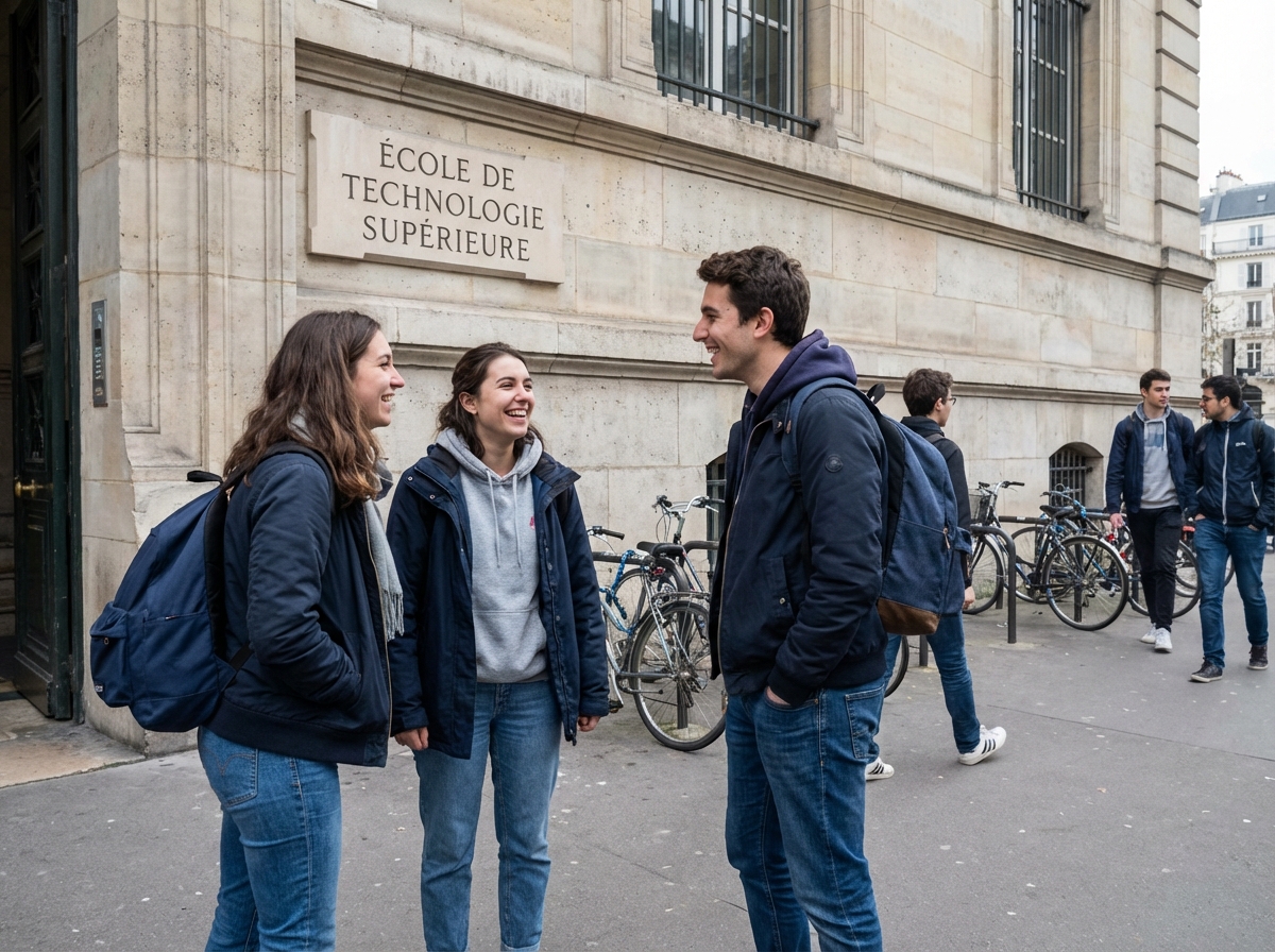 Groupe de jeunes étudiants discutant devant une école à Paris