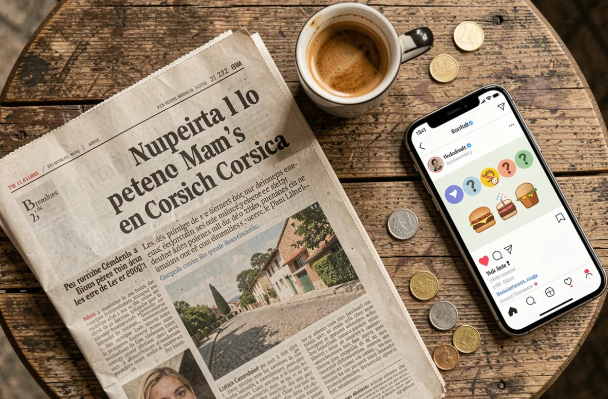 Table de café corse avec journal local ouvert sur un article concernant les rumeurs d'ouverture d'un McDonald's en Corse
