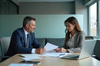 Réunion professionnelle entre un responsable RH et une employée discutant d'un licenciement autour de documents contractuels dans un bureau moderne