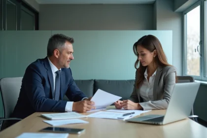 Réunion professionnelle entre un responsable RH et une employée discutant d'un licenciement autour de documents contractuels dans un bureau moderne