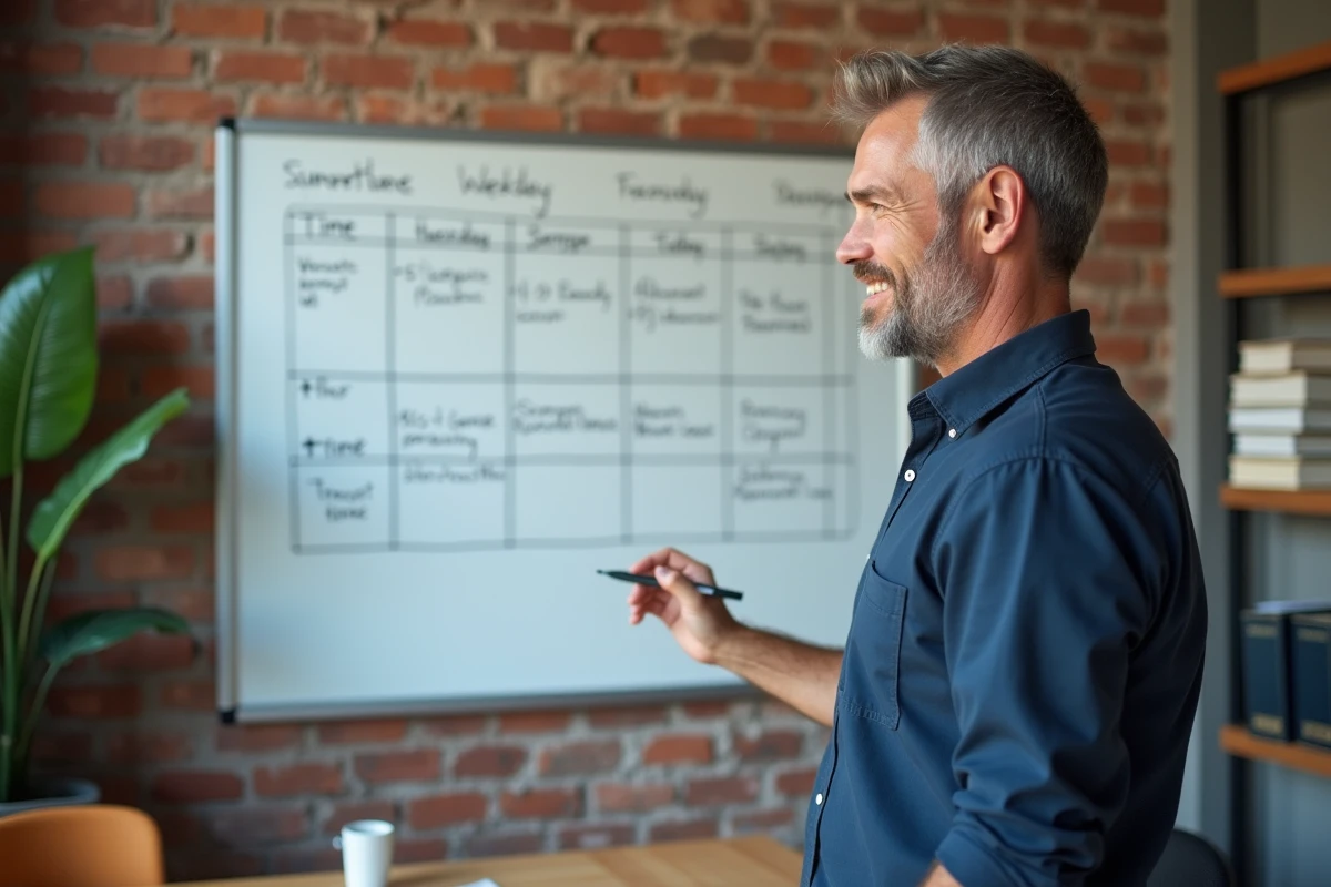 Manager analysant un planning de travail variable sur tableau blanc en salle de réunion