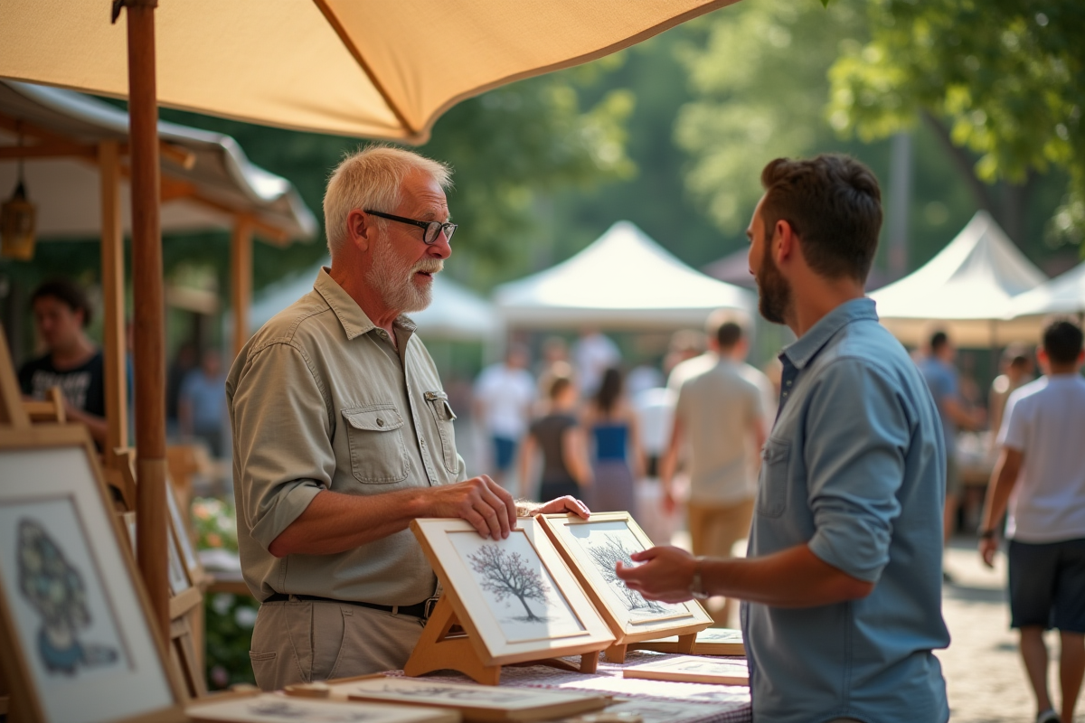 Homme au marché en plein air arrangeant des impressions