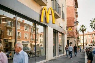 Façade d'un restaurant McDonald's dans une rue commerçante méditerranéenne avec palmiers et architecture locale