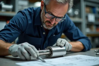Ingénieur mesurant l'épaisseur de paroi d'un tube inox avec un pied à coulisse numérique dans un atelier industriel