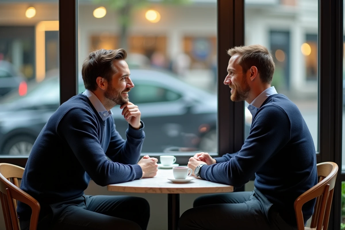 Deux professionnels en discussion informelle dans un café pour établir un contact réseau freelance sans démarchage agressif