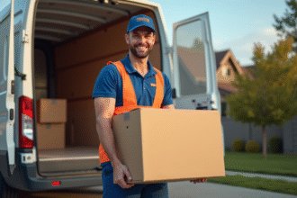 Employé souriant en uniforme chargé des cartons dans une maison moderne