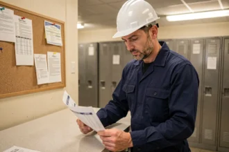 Ouvrier d'usine en horaires 2x8 consultant son planning de travail posté dans une salle de pause industrielle
