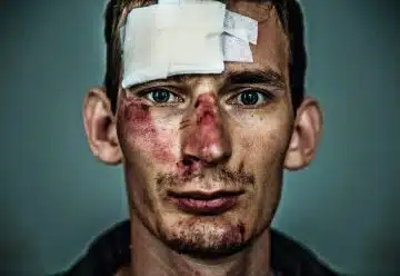 a man with a bandaged eye and a piece of paper on his forehead