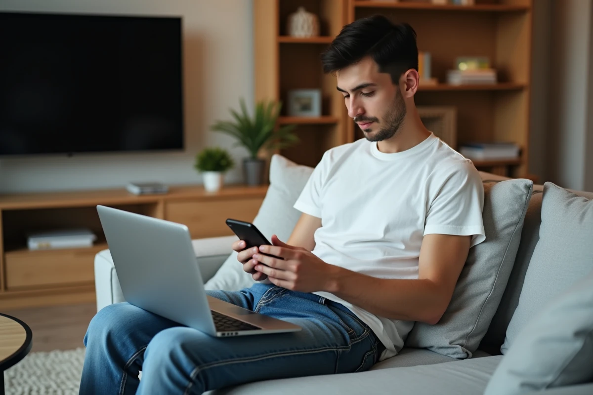 Personne sur son canapé consultant son smartphone pour résoudre un problème de connexion à MyPeopleDoc