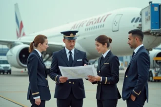 Pilotes en uniforme examinant une carte près d'un Airbus A330