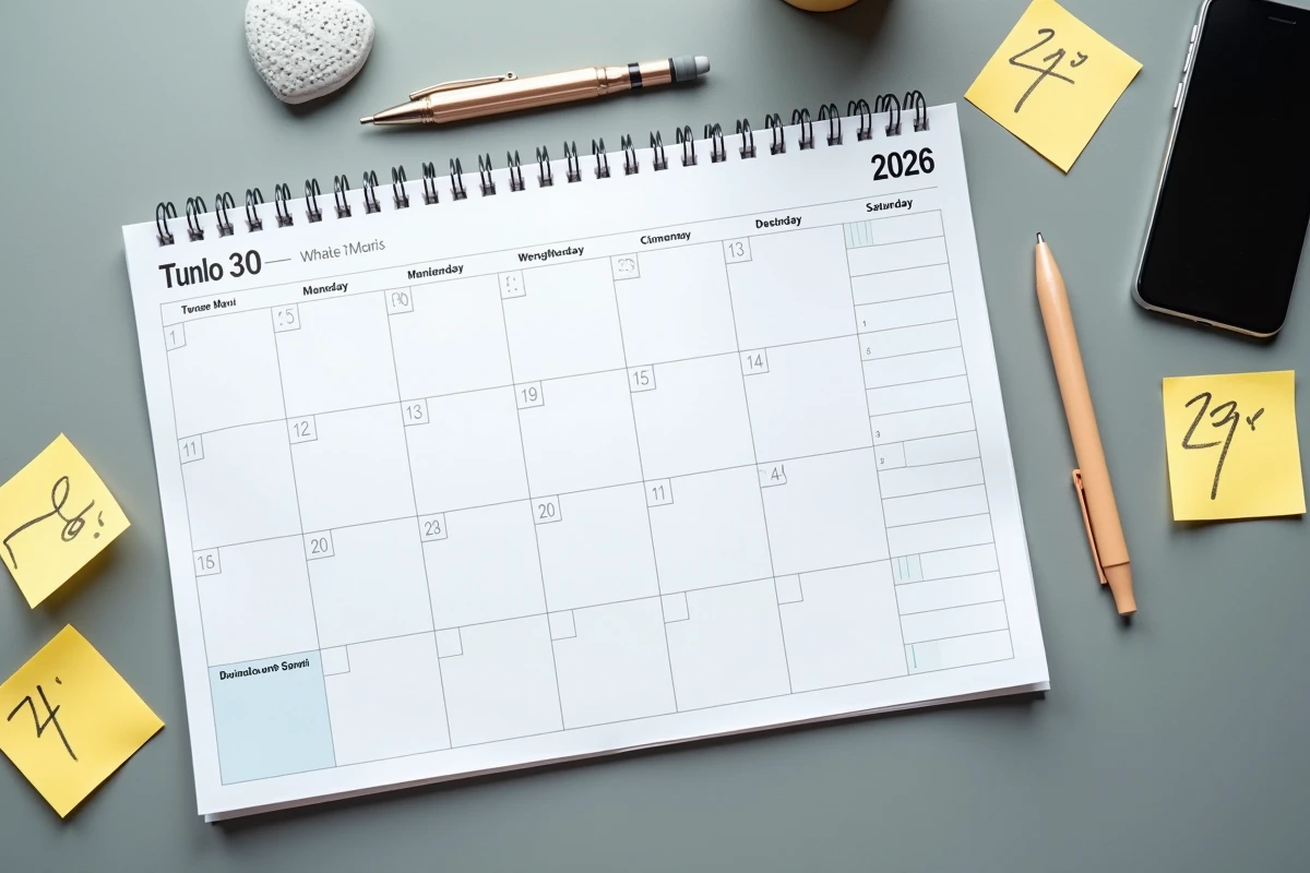 Vue en plongée d'un planning annuel 2026 avec jours travaillés surlignés et notes de calcul sur un bureau
