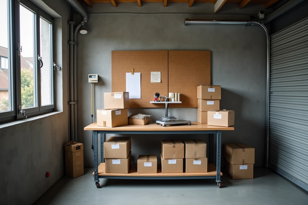 Poste d'emballage à domicile installé dans un garage avec cartons, matériel d'expédition et balance postale