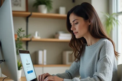 Femme connectée à son espace personnel en ligne depuis un bureau à domicile, illustrant la première connexion à un compte professionnel