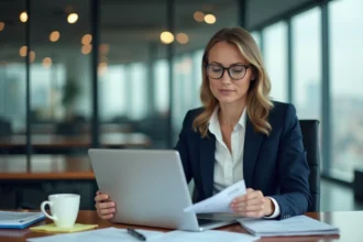 Femme professionnelle consultant un dossier DUNS et un portail d'enregistrement en ligne dans un bureau moderne