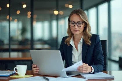 Femme professionnelle consultant un dossier DUNS et un portail d'enregistrement en ligne dans un bureau moderne