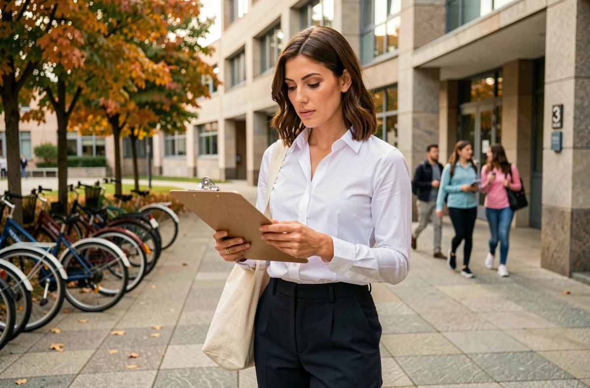 Éducatrice ou travailleuse sociale devant un établissement scolaire, illustrant les professions intermédiaires du secteur public