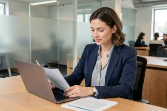 Femme cadre intermédiaire en blazer marine travaillant sur des documents dans un bureau open space moderne