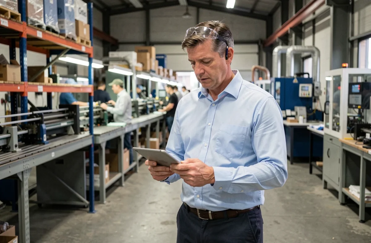 Technicien supérieur en atelier industriel consultant une tablette numérique dans son rôle de profession intermédiaire