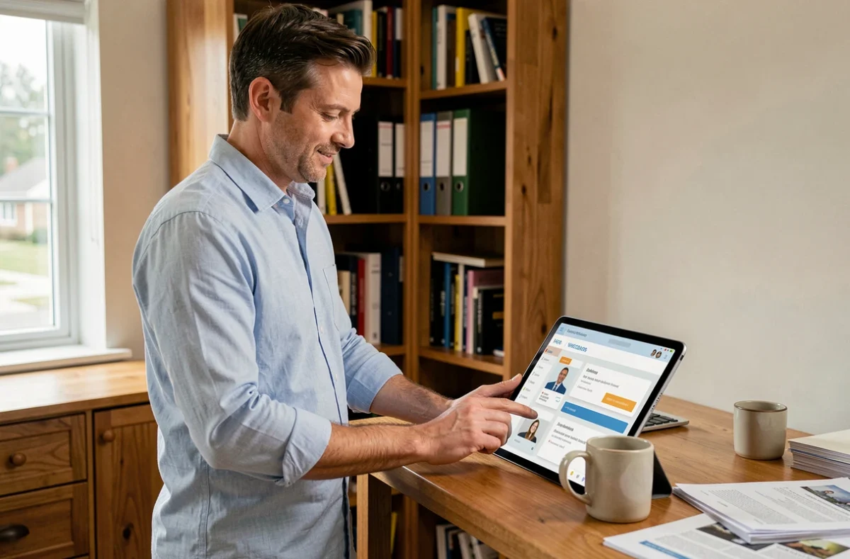 Professionnel RH gérant des démarches d'onboarding sur tablette depuis un bureau à domicile avec MaBoxRH