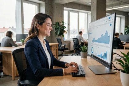 Professionnelle SaaS analysant un tableau de bord de génération de leads B2B sur un écran dans un bureau moderne à Bucarest