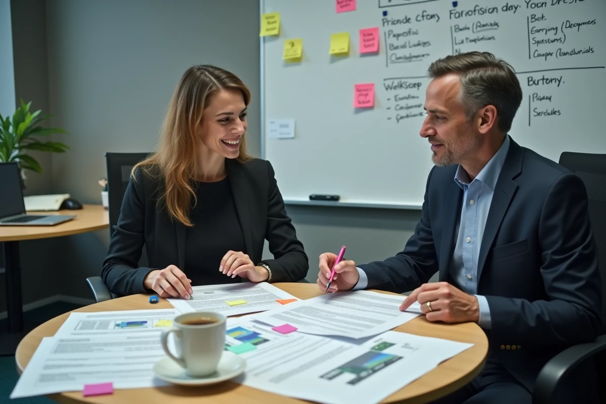 Deux recruteurs analysant des portfolios et fiches d'évaluation lors d'un processus de recrutement structuré