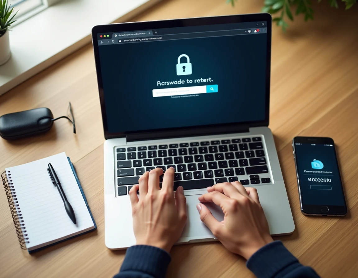 Mains tapant sur un clavier avec une page de réinitialisation de mot de passe Octime ouverte sur l'écran et un code d'authentification sur smartphone