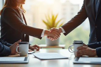 Deux professionnels se serrent la main dans un bureau moderne